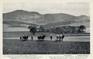 Image shows an old photograph taken by James Patrick during the 1800's of the Swanston Farm plough horses pulling ploughs in the fields with Caerketton Hill and the T-Wood in the background.