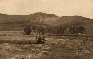 Image shows a very old photograph taken by photographer James Patrick called 'Golden Autumn' showing two cart horses pulling a scythe, cutting the wheat field. Caerketton Hill is seen the background behind the farm buildings.