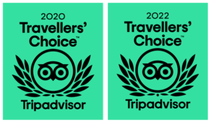 Image shows 2020 and 2022 Awards for TripAdvisor Traveller's Choice showing the logo on a green background