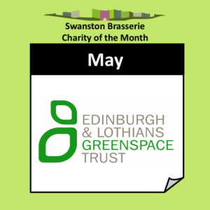 Logo for the Edinburgh and Lothians Greenspace Trust grey and green writing on a white background with a leaf-illustration to the left