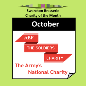 Logo for the Army Benevolent Fund The Soldiers' Charity white writing on a red ribbon.