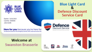 Image shows Blue Light Card and Defence Discount Service Card and words declaring that both are welcome at Swanston Brasserie.